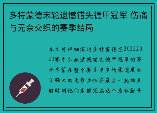 多特蒙德末轮遗憾错失德甲冠军 伤痛与无奈交织的赛季结局